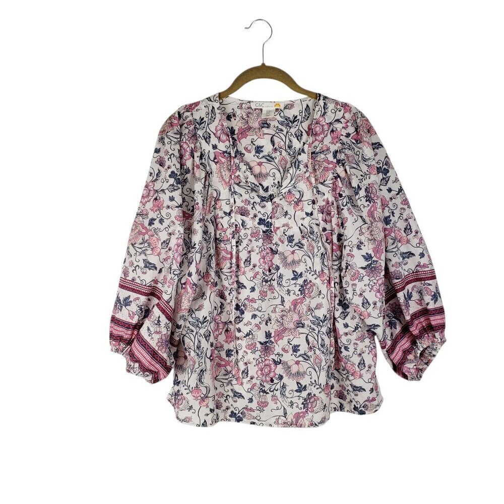 C&C California Womens M 100% Cotton Floral Boho Peasant Blouse Pink Blue White